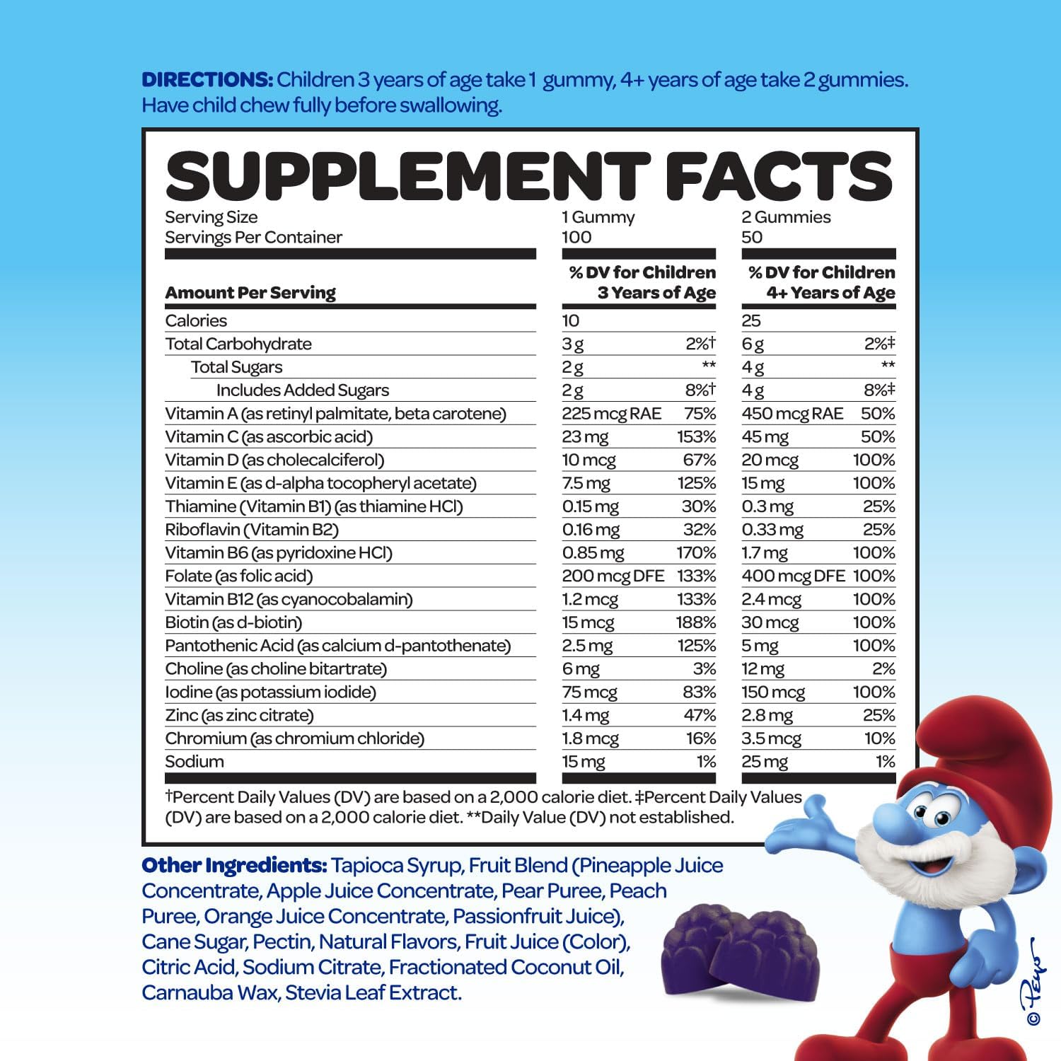 The Smurfs Children's Multivitamin Gummies with 15 Daily Vitamins and Minerals for Growth & Development | Made with Real Fruit in a Smurf Berry Flavour | Delicious, Doctor Developed & Non-GMO Formula | 100 Gummies - görsel 2