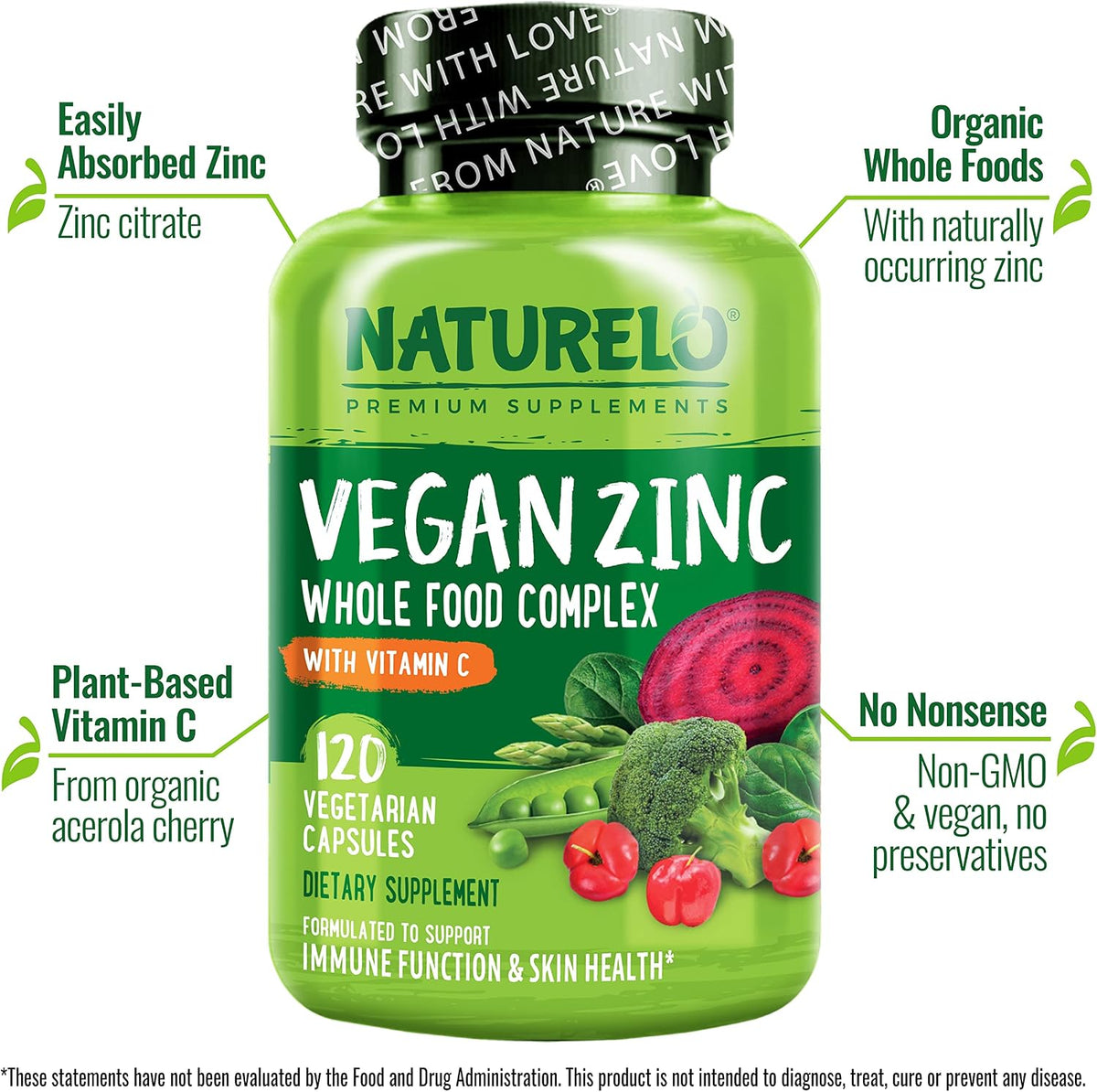 NATURELO Vegan Zinc Immune Support Capsules - Whole Food Complex with Vitamin C for Healthy Skin, Hair and Nails - görsel 2