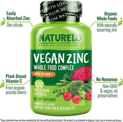 NATURELO Vegan Zinc Immune Support Capsules - Whole Food Complex with Vitamin C for Healthy Skin, Hair and Nails