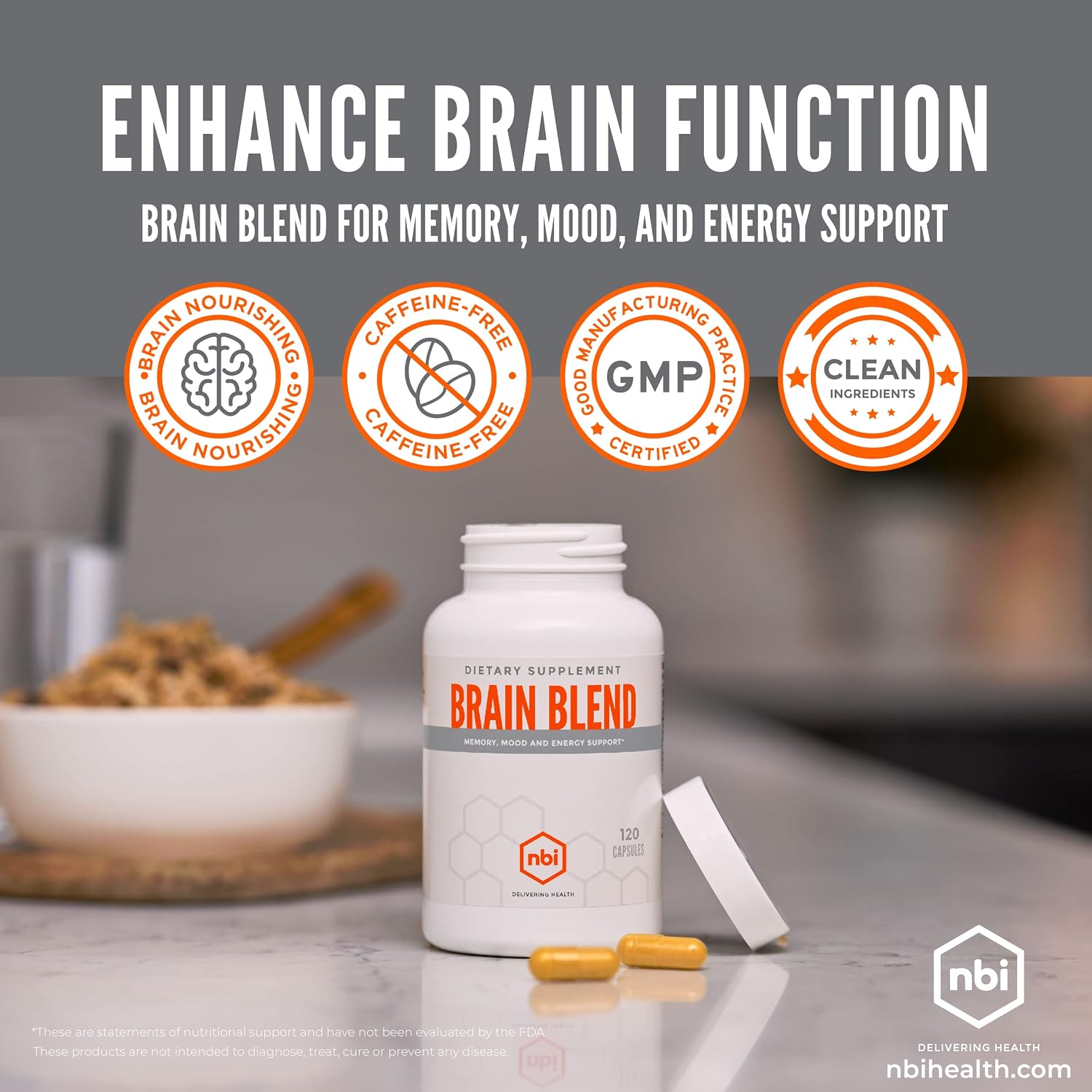 NBI Brain Blend for Memory, Focus, Concentration & Cognitive Function - Caffeine-Free Nootropic with ALCAR, Alpha Lipoic Acid, Huperzine A, Turmeric - 120 Capsules - görsel 5