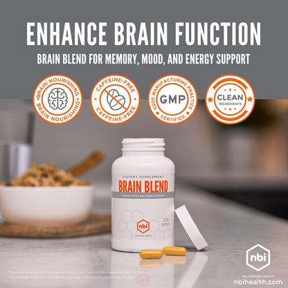 NBI Brain Blend for Memory, Focus, Concentration & Cognitive Function - Caffeine-Free Nootropic with ALCAR, Alpha Lipoic Acid, Huperzine A, Turmeric - 120 Capsules