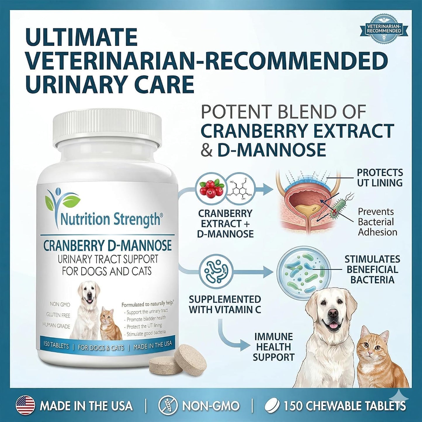 Nutrition Strength Cranberry D-Mannose for Dogs, Urinary Tract and Immune Support, 150 Chewable Tablets - görsel 3
