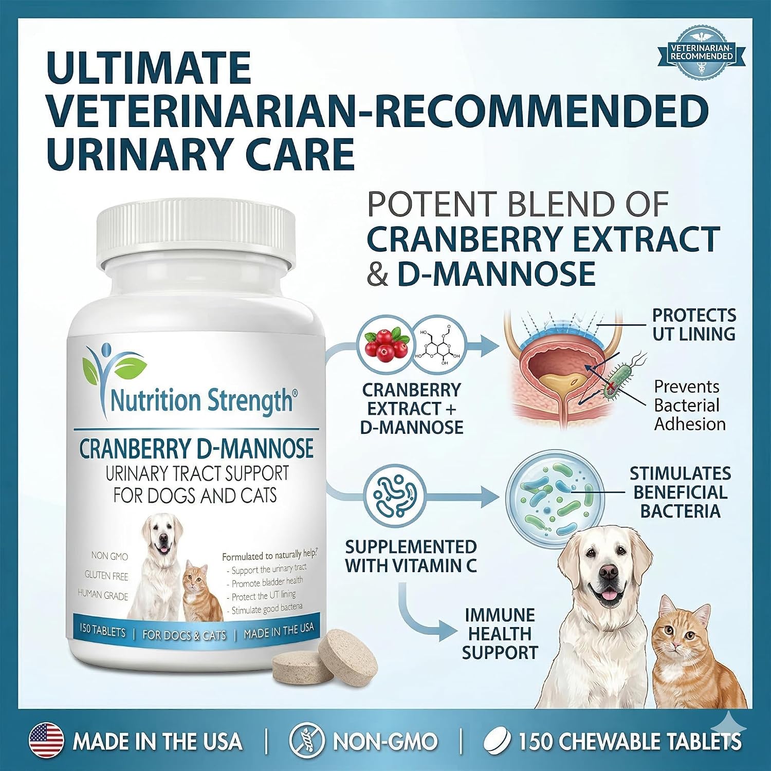 Nutrition Strength Cranberry D-Mannose for Dogs, Urinary Tract and Immune Support, 150 Chewable Tablets - görsel 3