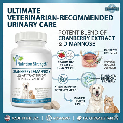 Nutrition Strength Cranberry D-Mannose for Dogs, Urinary Tract and Immune Support, 150 Chewable Tablets