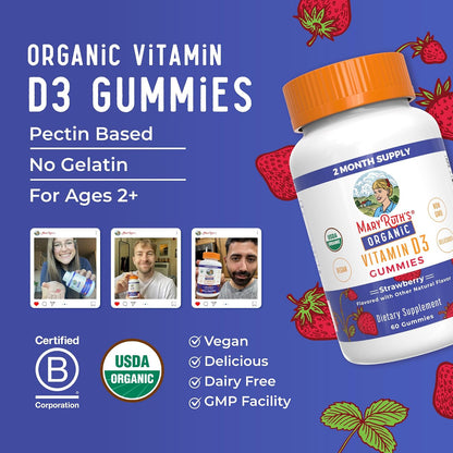 MARYRUTH'S Organic Vitamin D3 Gummies | 1000 IU | USDA Organic | Immune Support | Bone Health | Muscle Function | for Adults & Kids Ages 2+ | Vegan | Gluten-free | 2 Month Supply | 60 Count