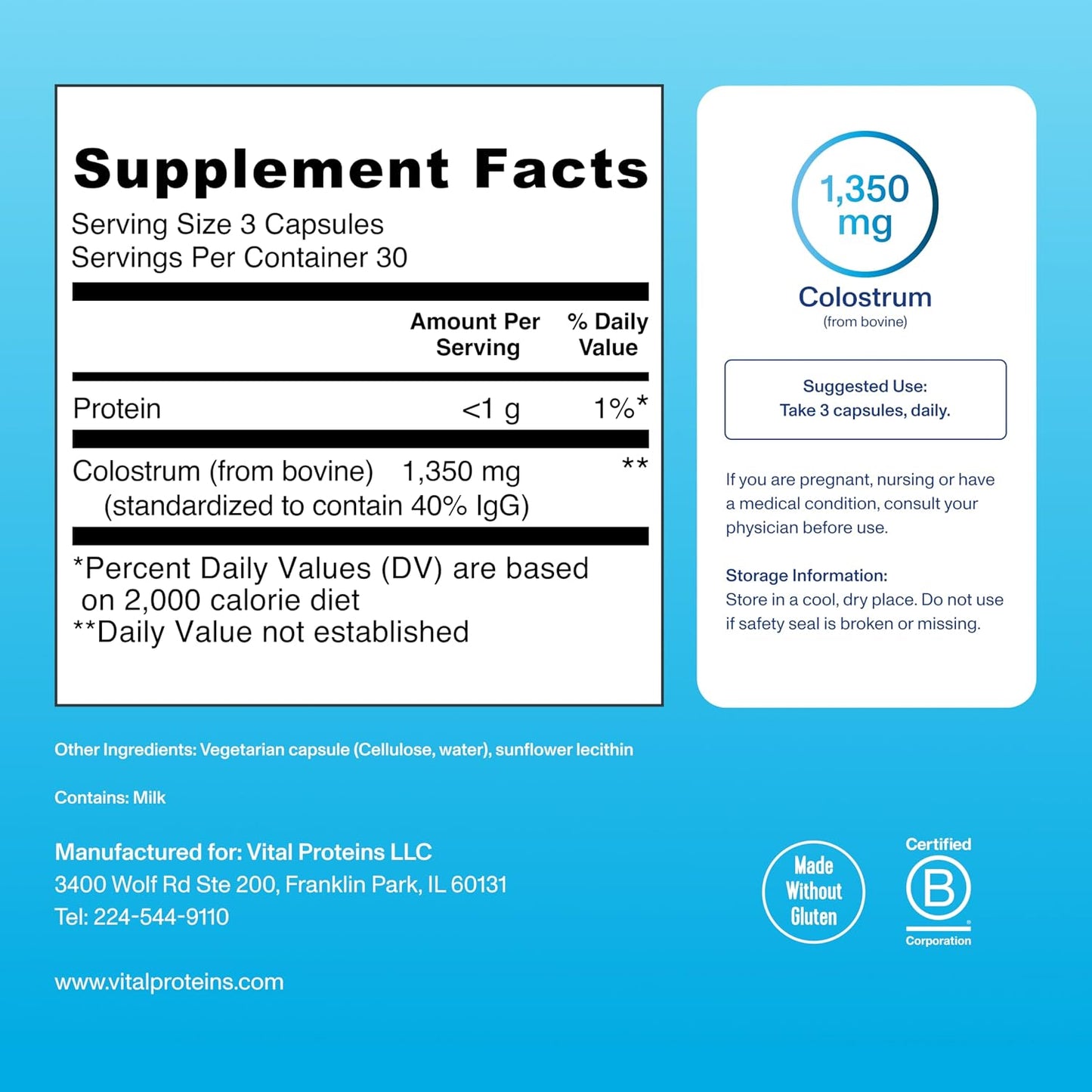 Vital Proteins Bovine Colostrum Food Supplement 90 Capsules for Digestive Health and Immune Support with 40% IgG - görsel 5