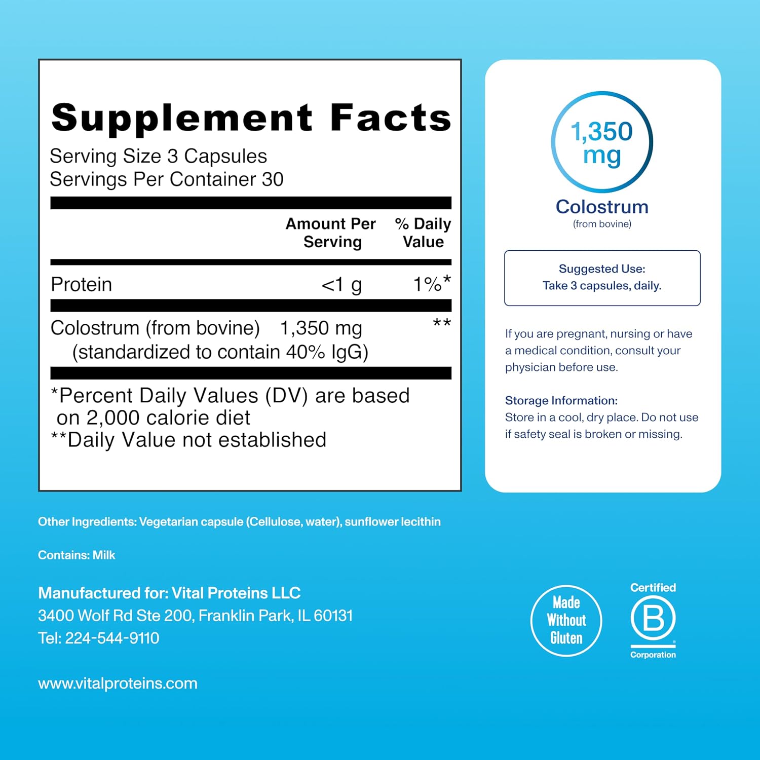 Vital Proteins Bovine Colostrum Food Supplement 90 Capsules for Digestive Health and Immune Support with 40% IgG - görsel 5