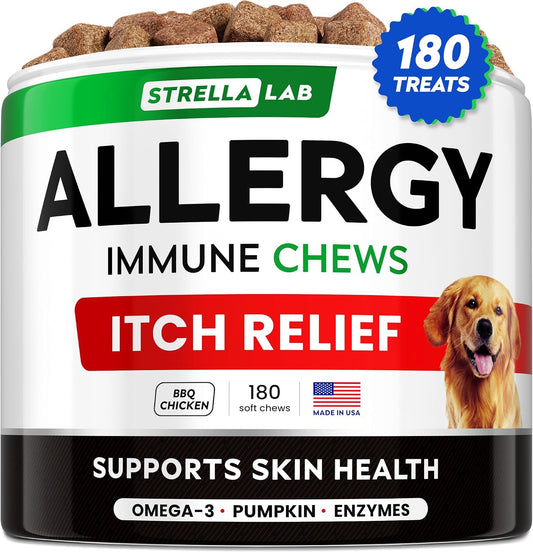 STRELLALAB Dog Allergy Relief & Anti-Itch Support Chews with Omega-3, Fish Oil, Pumpkin & Enzymes – BBQ Chicken, 180 Count