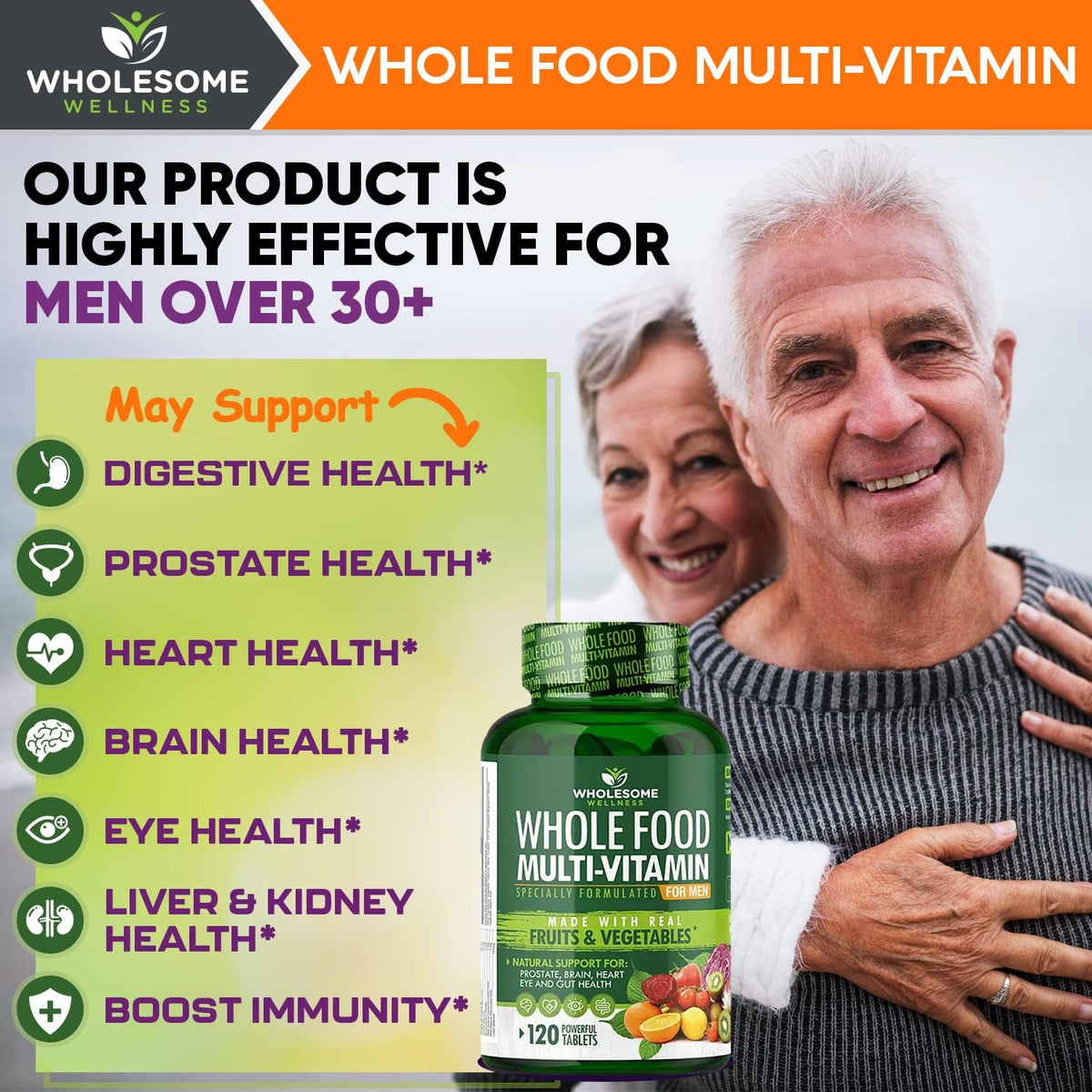 Wholesome Wellness Whole Food Multivitamin for Men - Natural Multi Vitamins, Minerals, Organic Extracts - Vegan - 120 Tablets - görsel 7
