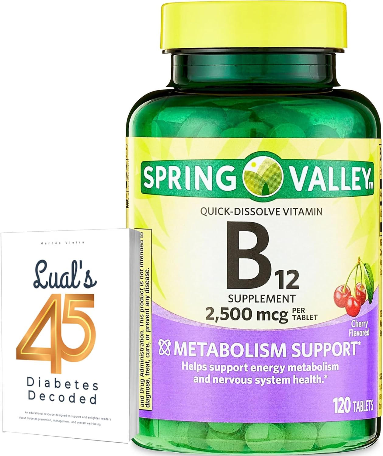 Spring Valley Vitamin B12 Quick-Dissolve Tablets Dietary Supplement – Vitamin B12 2500 mcg – 120 Tablets Bundle with Lual's 45 Diabetes Decoded - görsel 1