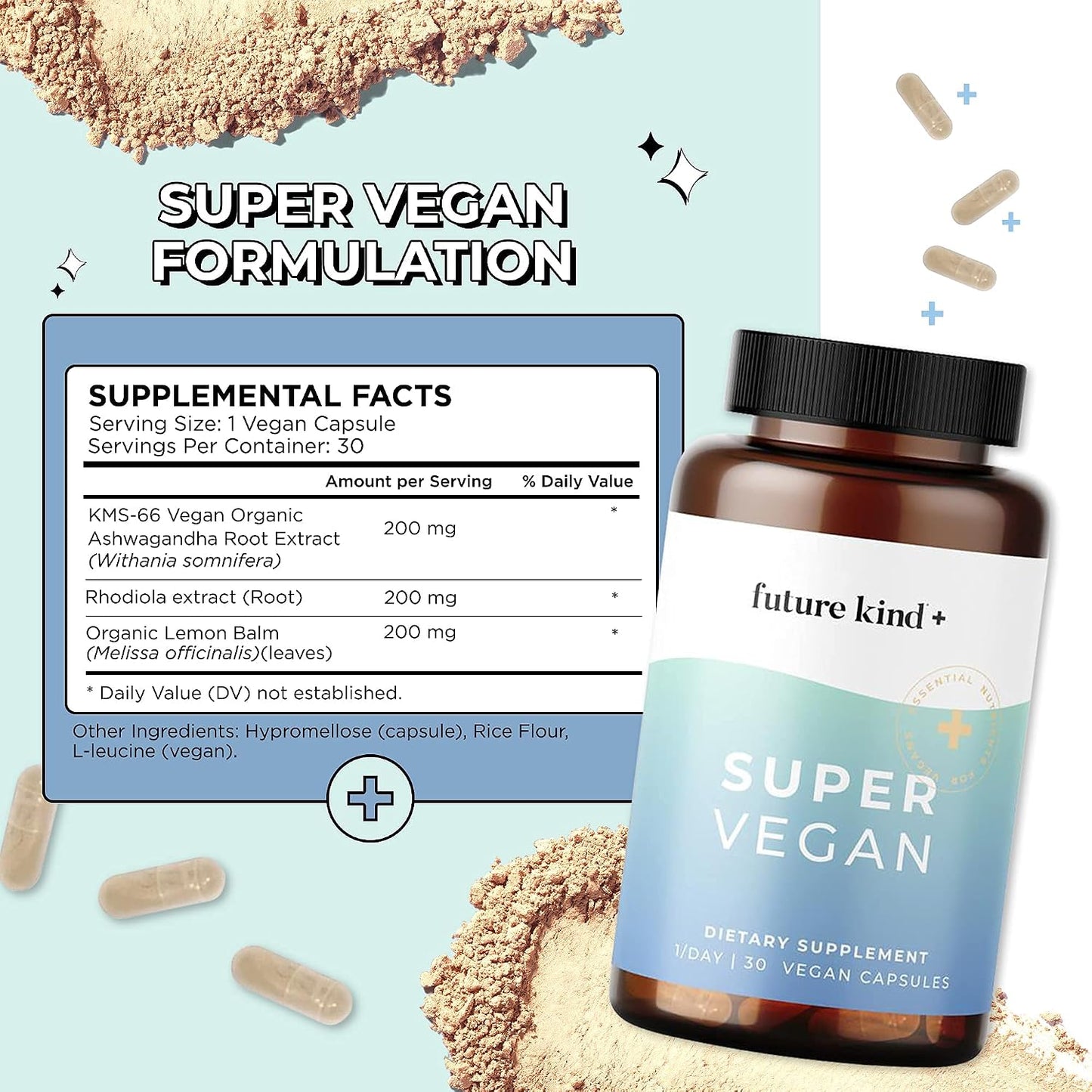 Future Kind Super Vegan Formula – Ashwagandha, Rhodiola & Lemon Balm for Mood & Stress Support, 30 Vegan Capsules - görsel 3