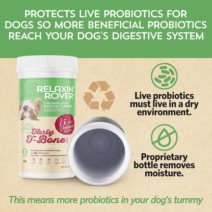 Relaxin’ Rover Calming Supplement for Dogs with Probiotics, Valerian, Chamomile & GABA – T-Bone Flavour (20 Servings)