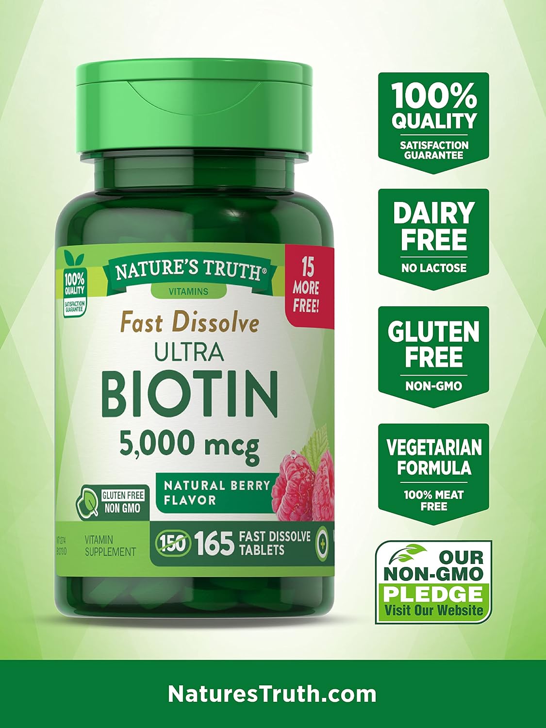 Nature's Truth Ultra Biotin 5000mcg Fast Dissolve Tablets – 165 Tablets - görsel 3