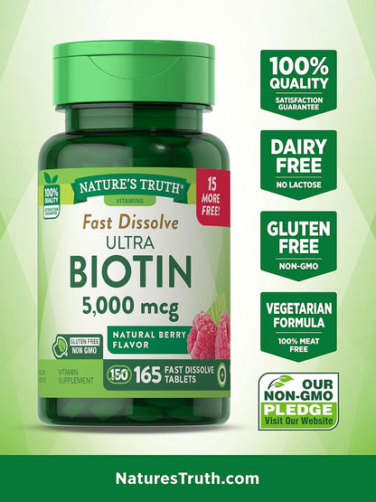 Nature's Truth Ultra Biotin 5000mcg Fast Dissolve Tablets – 165 Tablets