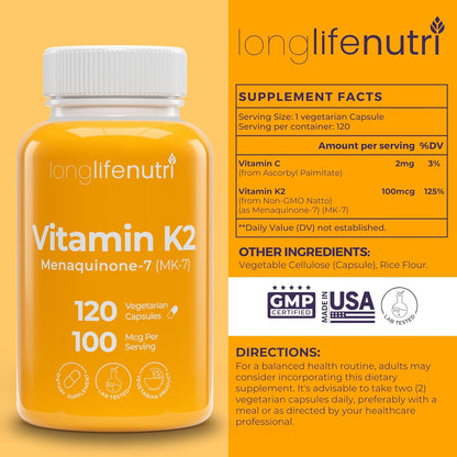 LongLifeNutri Vitamin K2 MK-7 100mcg – Bone & Circulation Support, 120 Capsules