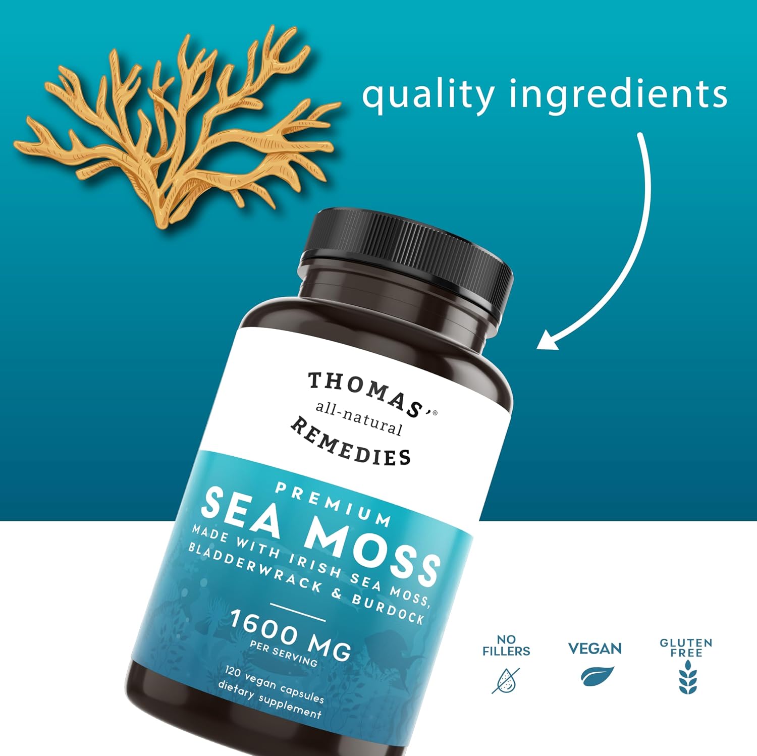 Thomas' all-natural Remedies Irish Sea Moss Capsules with Bladderwrack and Burdock Root - Organic Seamoss Capsules for Gut Health, Digestion, Energy and Immune Support (120 Capsules) - görsel 4