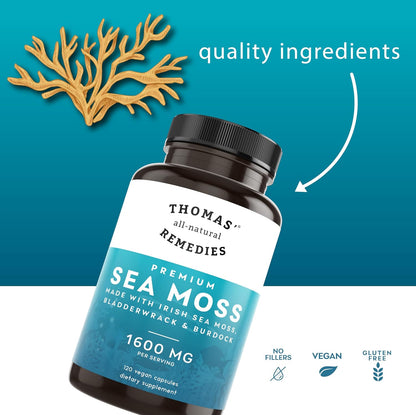 Thomas' all-natural Remedies Irish Sea Moss Capsules with Bladderwrack and Burdock Root - Organic Seamoss Capsules for Gut Health, Digestion, Energy and Immune Support (120 Capsules)