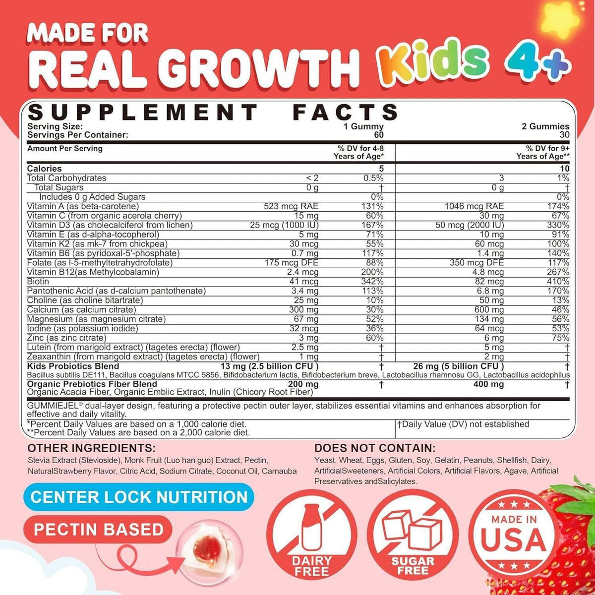 Kids Multivitamin Gummies + Calcium, Probiotics, Vitamin D3, C, Methylated B12 & Methylfolate, B6, A, K2, E, Zinc, Prebiotics for Children Ages 4+, Clean & Sugar Free, for Nutritional Support, 60 Cts - görsel 2
