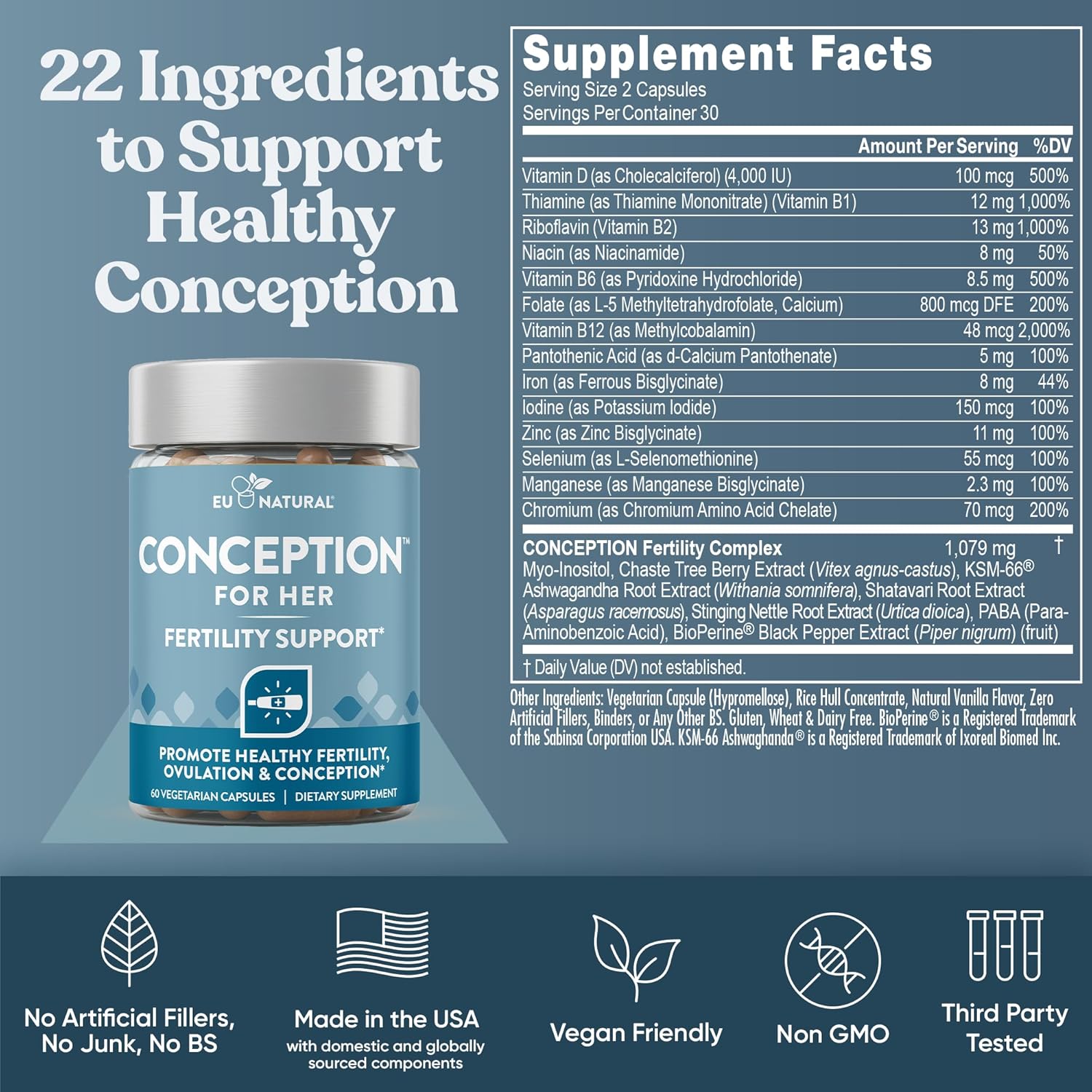 Eu Natural Conception for Her & Conception for Him Bundle - Fertility Supplements for Couples - 120 Vegan Capsules - görsel 6