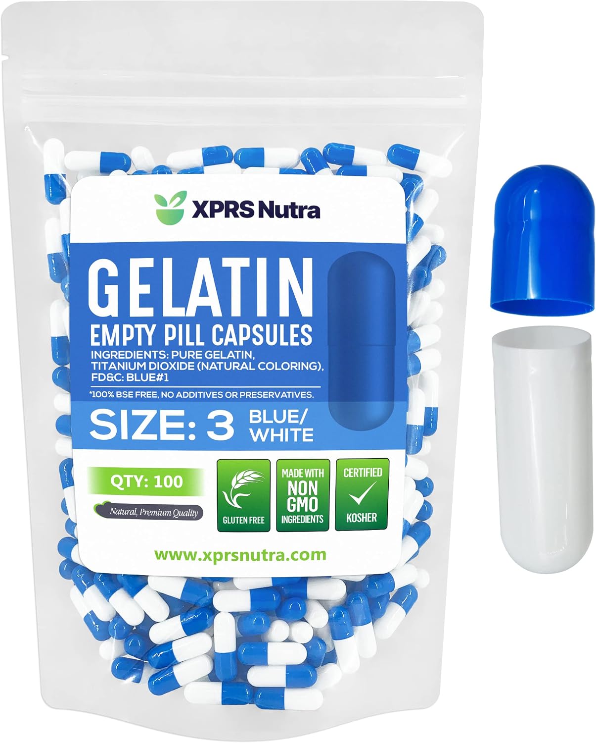 XPRS Nutra Size 3 Empty Gelatine Capsules - 100 Count (Blue/White) - görsel 1