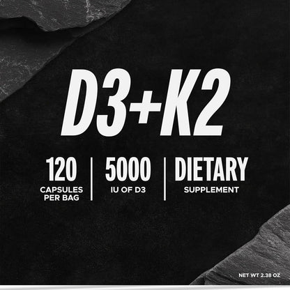 FITAID Essentials Vitamin D3 K2 5000 IU Supplement - 125mcg D3 + 100mcg K2 MK7, 120 Vegetable Capsules