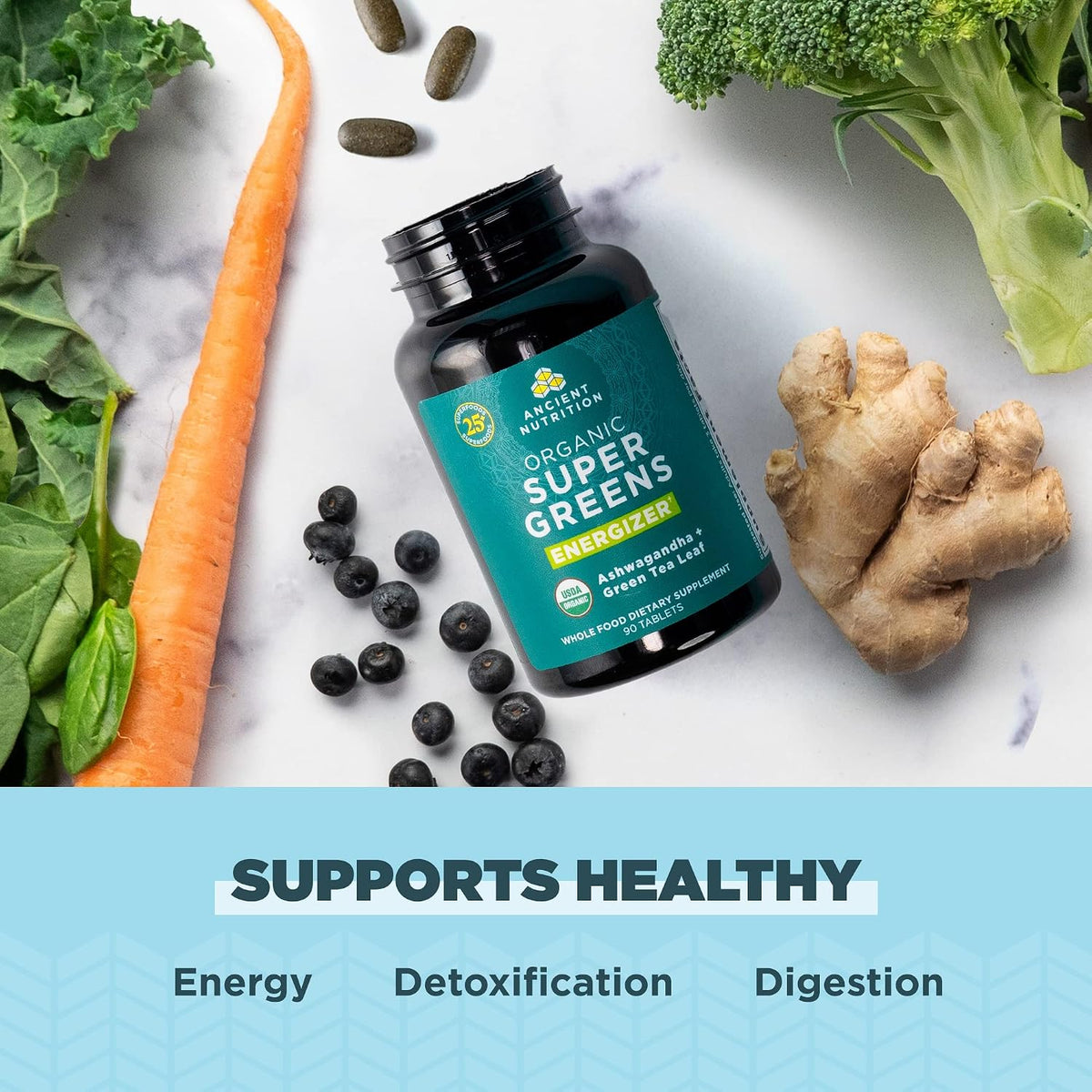 Ancient Nutrition Supergreens Energizer Tablets, Organic Superfood Tablets with Caffeine, for Digestive and Energy Support, 90 Count - görsel 5