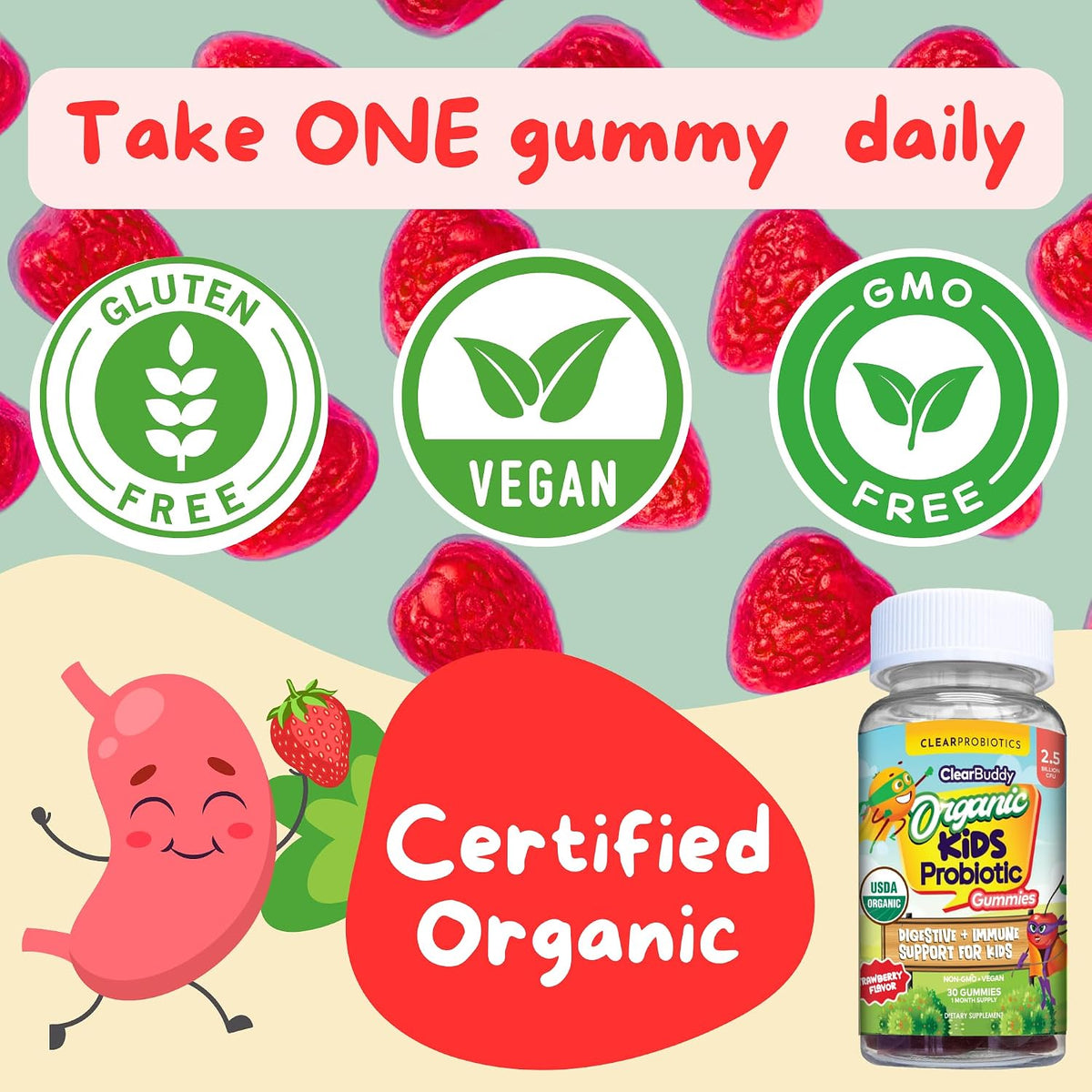 Clear Buddy Probiotics for Kids Ages 2–6 | USDA Organic Gummies with DE111 | Immune & Digestive Support | 30-Day Supply - görsel 8
