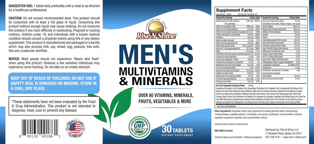 Rise-N-Shine Men's Multivitamins and Minerals with Zinc, Selenium, Calcium, Magnesium and More for Normal Immune Function – Vitamins for Men – 30 Tablets - görsel 3