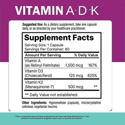 NatureGenX ADK Vitamin Supplement – Vitamins A, D3 & K2 MK-7 for Bone Health & Calcium Absorption – Gluten-Free, Non-GMO, Soya-Free – 60 Capsules (2-Month Supply)