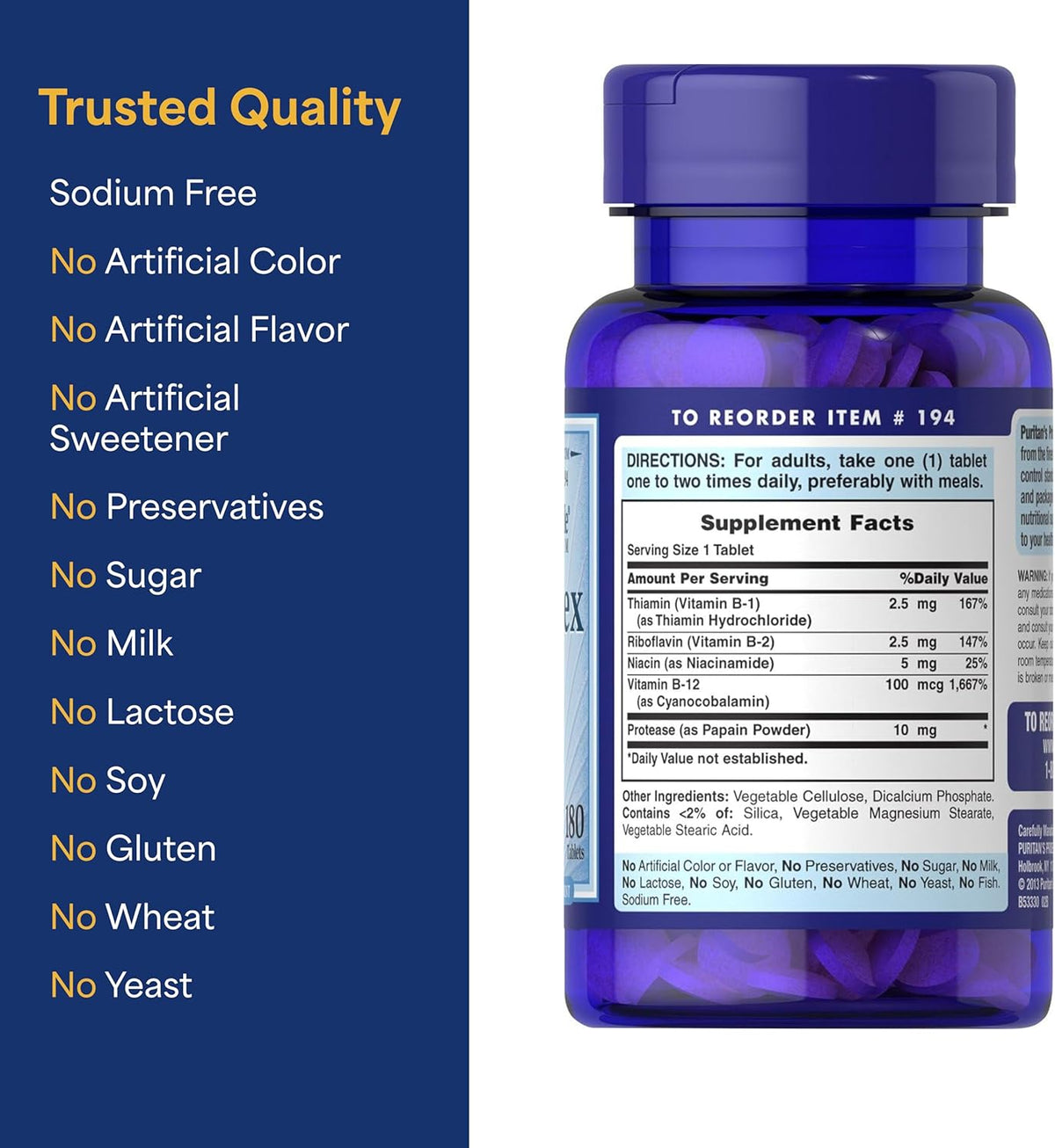 Puritan's Pride Premium Vitamin B-Complex & B-12, 180 Tablets - görsel 6