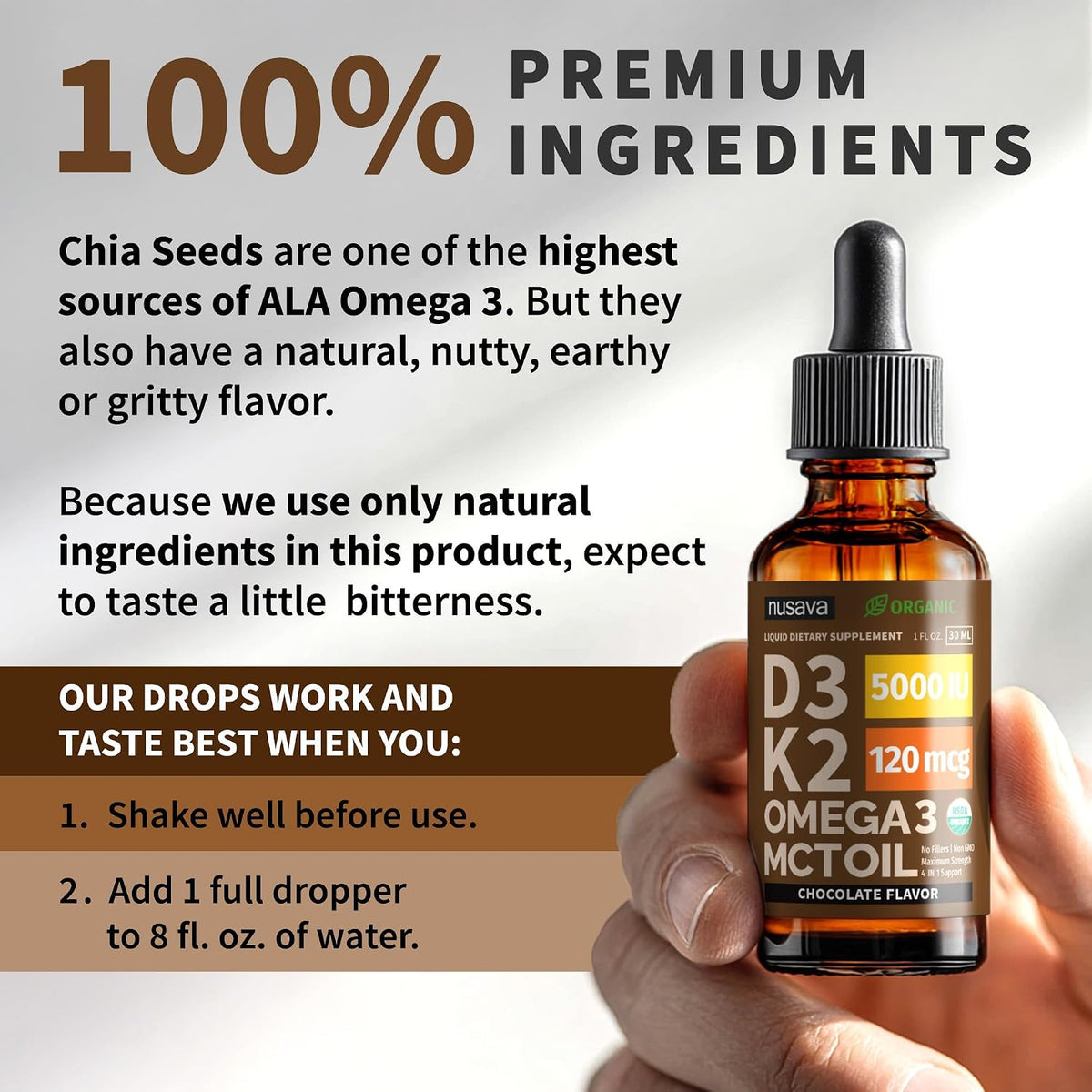 NUSAVA Organic Vitamin D3 K2 Drops with MCT Oil & Omega-3, Chocolate Flavour – Twin Pack - görsel 6