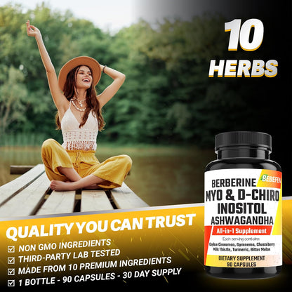 Myo-Inositol & D-Chiro Inositol Capsules with Ashwagandha, Berberine, Cinnamon, Gymnema, Chasteberry, Milk Thistle, Turmeric, Bitter Melon – 90 Capsules