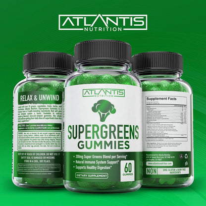 Atlantis Nutrition Supergreens Gummies - Daily Green Superfoods Supplement for Immunity Support, Natural Raspberry Flavour, 60 Gummies