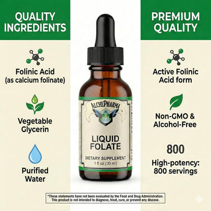 AlchePharma Folinic Acid Liquid - 667 mcg DFE (400 mcg Folinic Acid), 800 Servings