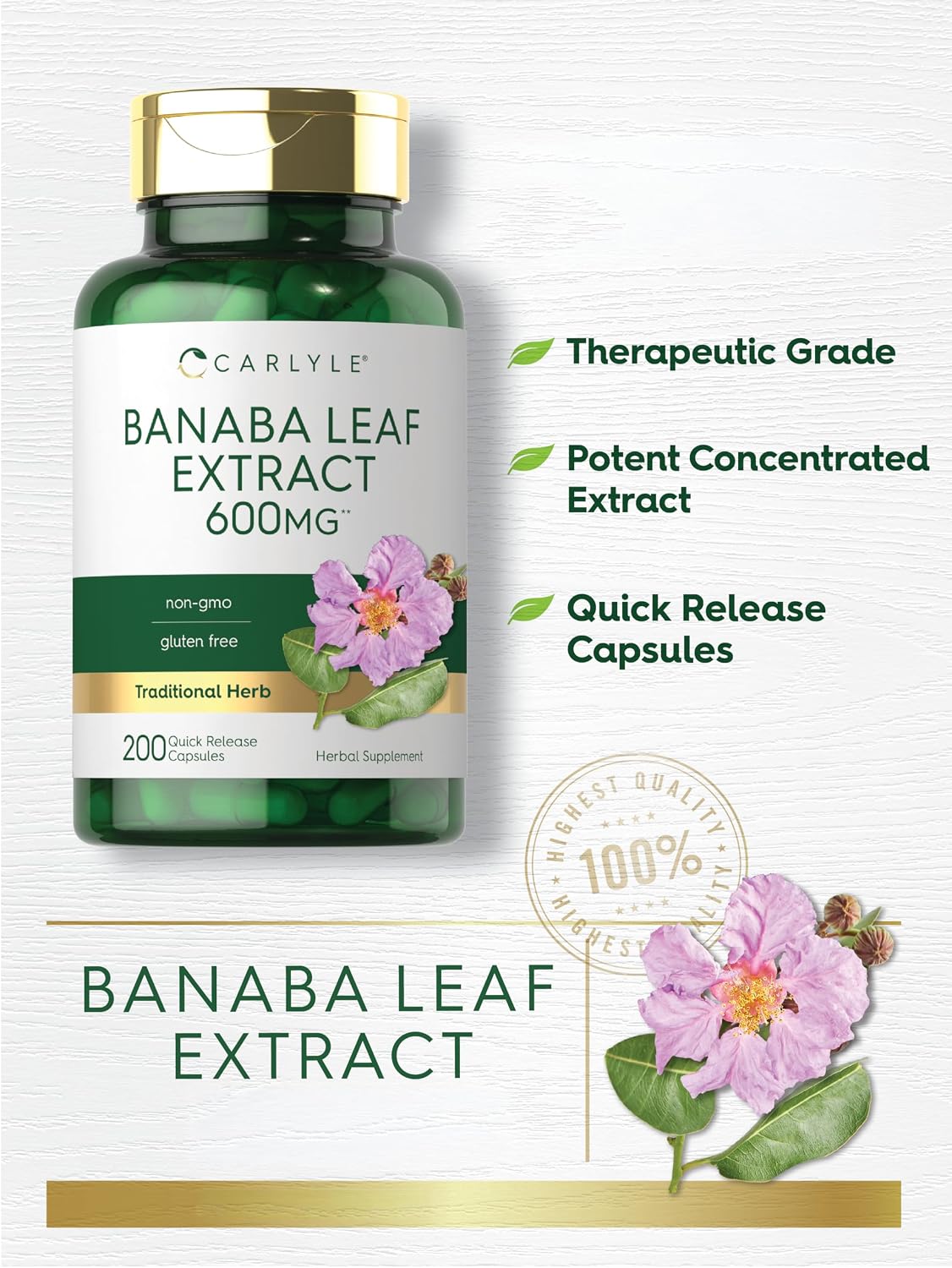 Carlyle Banaba Leaf Extract Capsules - 200 Capsules - Non-GMO & Gluten-free Supplement - görsel 3