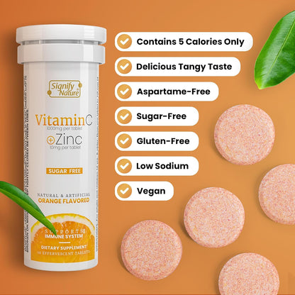 SIGNIFY NATURE Vitamin C 1000mg Effervescent Tablets with Zinc – Sugar-Free & Vegan – 40 Tablets