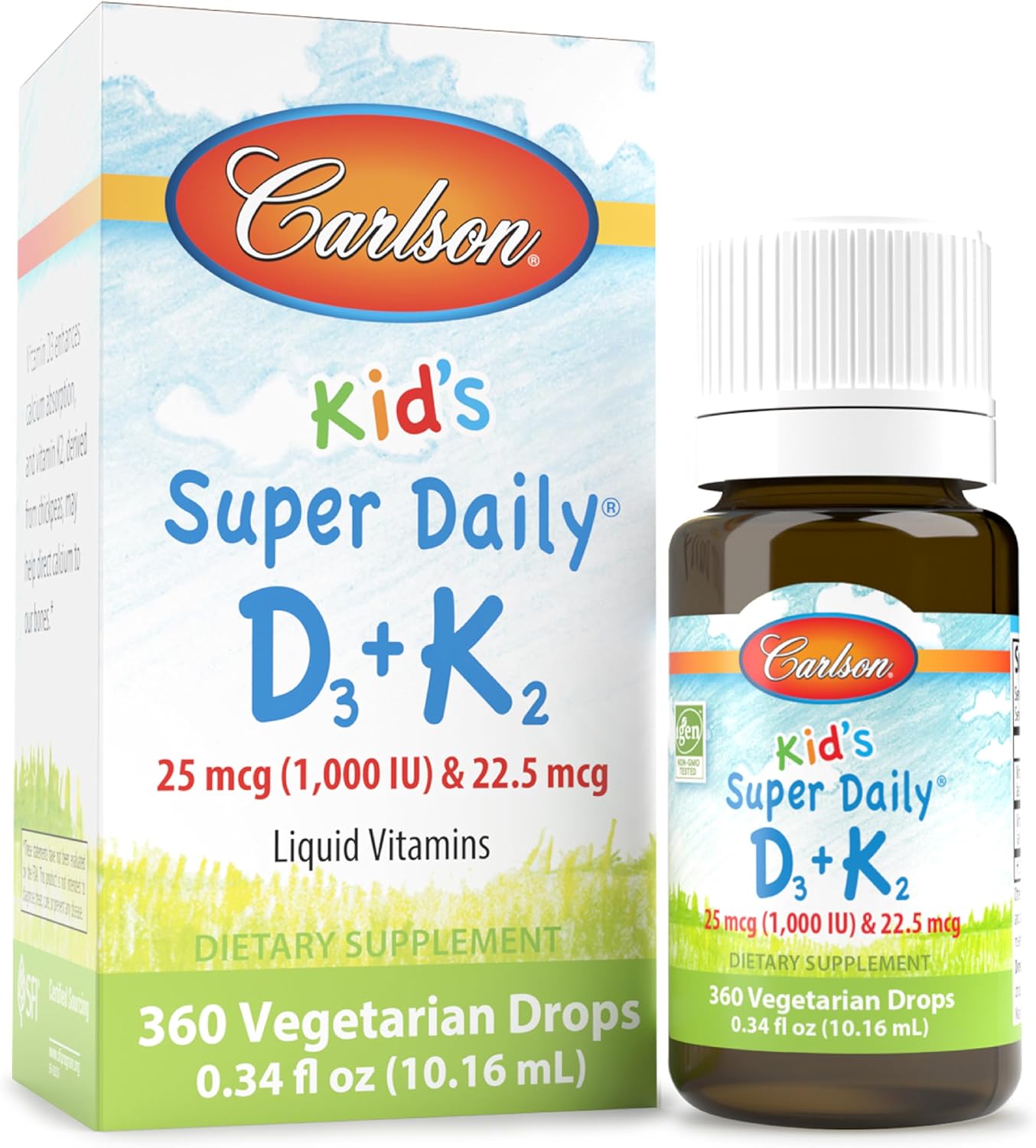 Carlson Kid's Super Daily D3+K2, 25 mcg (1,000 IU) D3 & 22.5 mcg K2, Unflavoured Liquid Drops, 360-Drop Bottle (1-Year Supply) - görsel 1