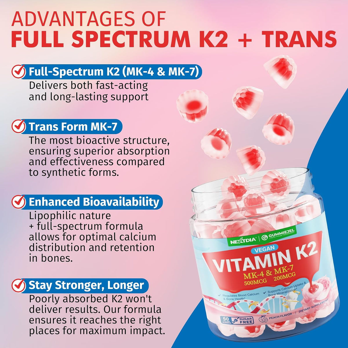 Vitamin K2 Gummies MK-7 200 mcg & MK-4 500 mcg - Sugar Free Full Spectrum, Pack of 2 - görsel 5