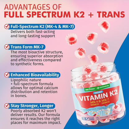 Vitamin K2 Gummies MK-7 200 mcg & MK-4 500 mcg - Sugar Free Full Spectrum, Pack of 2