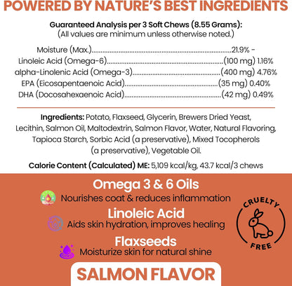 Salmon Oil for Dogs - Soft Chew Omega Treats for Skin and Coat - Fish Oil Blend of Essential Fatty Acids, Omega-3 and 6, Vitamins, Antioxidants and Minerals - Made in the USA (180 Chews, Salmon)