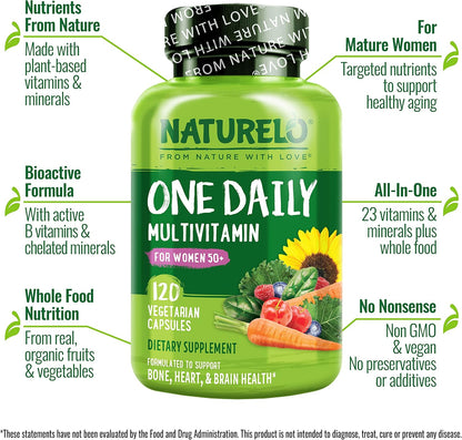 NATURELO One Daily Multivitamin for Women Over 50 (Iron Free) – Menopause Support – Whole Food Supplement – 120 Capsules