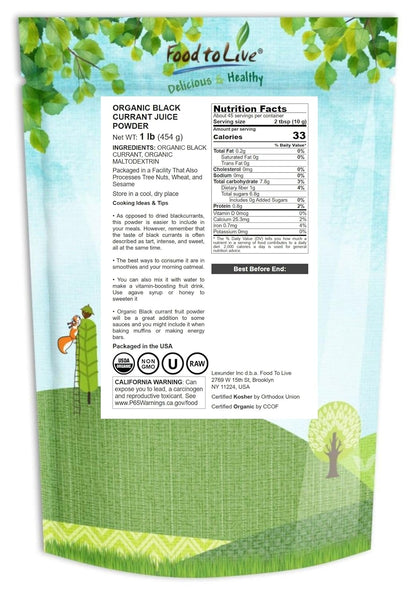 Food to Live Organic Black Currant Juice Powder, 454g – Non-GM, Raw, Kosher, Vegan Superfood, Antioxidant-Rich