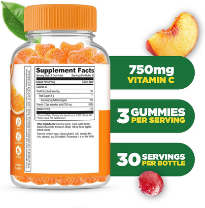 Lifeable Vitamin C Gummies – 750mg, Orange Flavour, Immune Support – 90 Gummies