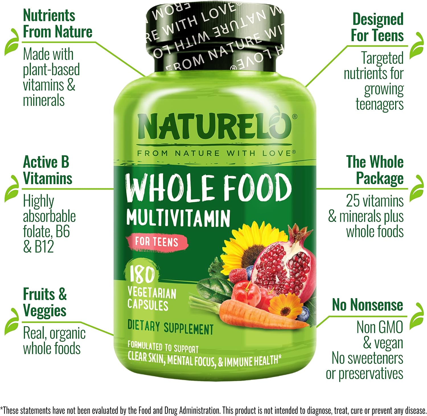 NATURELO Multivitamins for Teens – Whole Food Multivitamin with Minerals, 180 Capsules - görsel 2
