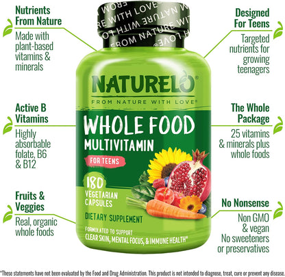NATURELO Whole Food Multivitamin for Teens - 180 Capsules