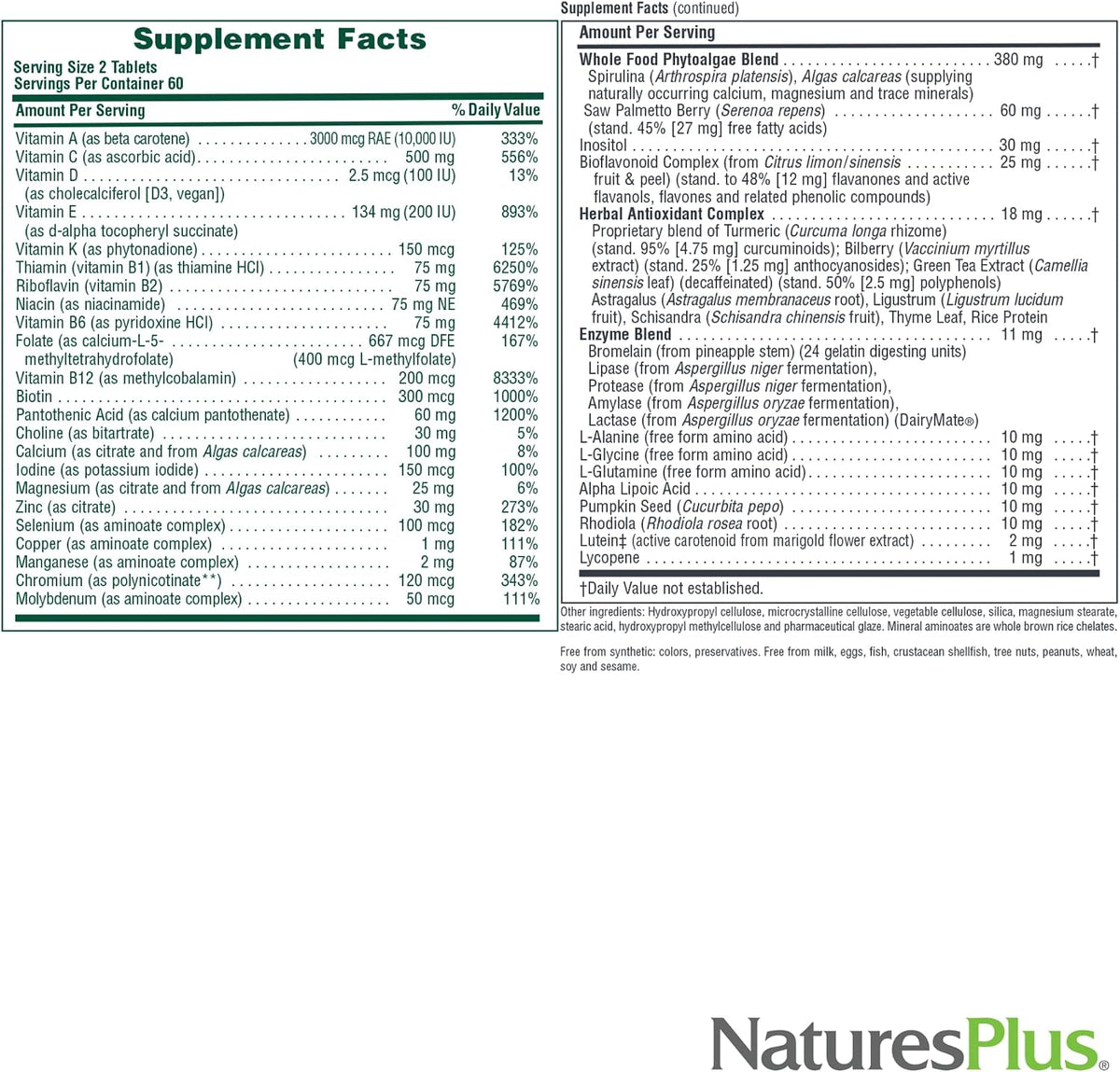 NaturesPlus Source of Life Men - 120 Tablets, Pack of 2 - Iron-Free Multivitamin & Mineral Supplement - with Saw Palmetto, Lycopene & Rhodiola - Gluten-free, Vegetarian - 120 Total Servings - görsel 5