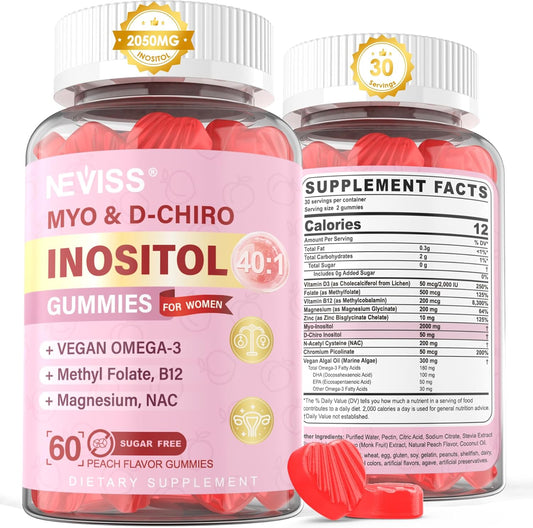 Myo-Inositol & D-Chiro Inositol Gummies, 40:1 Ratio - Sugar Free with Vegan Omega-3 & D3 for Women