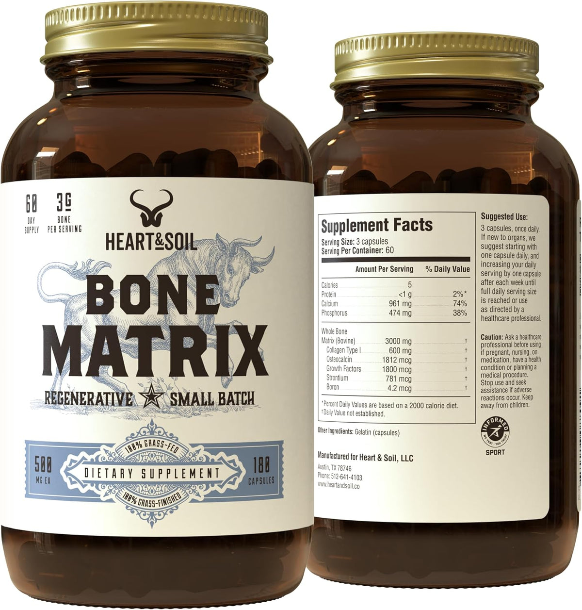 HEART & SOIL Grass Fed Bone Matrix — Supports Bone and Joint Health, Strength, and Flexibility (180 Capsules) - görsel 1