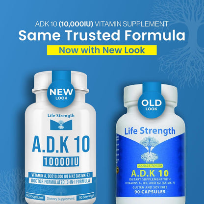 LifeStrength ADK 10 Supplement (180 Capsules) - Physician Formulated Vitamins A1, D3 & K2 (as MK7) for Bone Health - Immune System Support - Gluten-free, Soya Free, Non-GMO