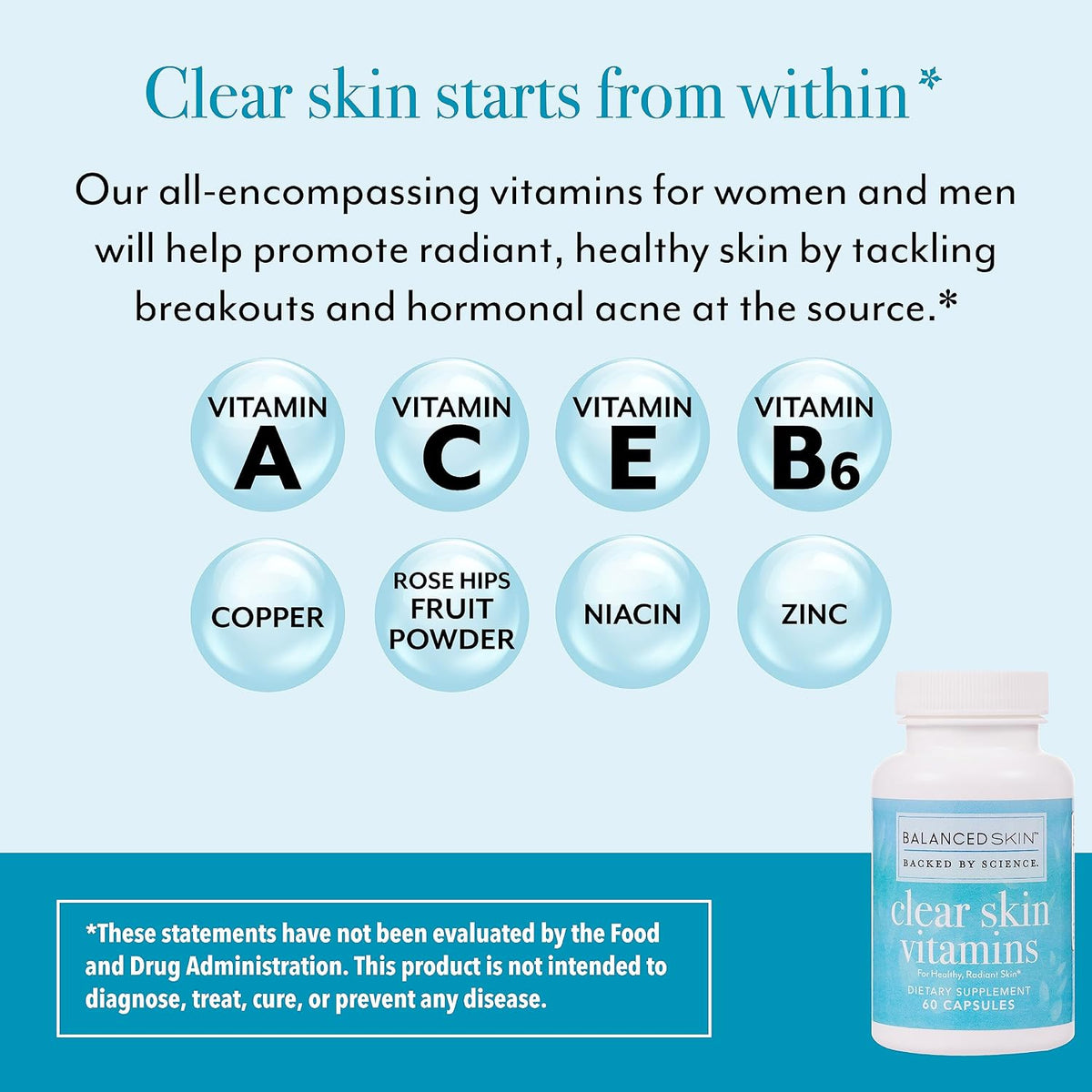 Clear Skin Vitamins for Women & Men - Supplement for Healthy Glowing Skin and Acne Control - Patented and Dermatologist Developed Hormonal & Cystic Acne Pills - görsel 5